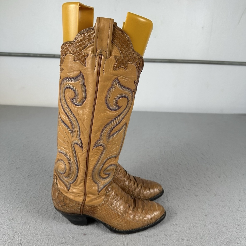 Vintage Larry Mahan Python Skin Cowgirl Boots Women 6.5B Brown Leather Western